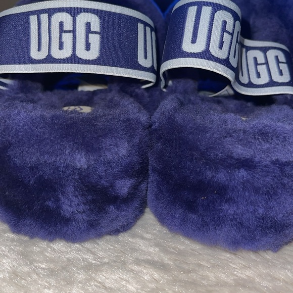 UGG Woman’s Fluff Yeah Sheepskin Slides Medallion Purple Elastic Strap size 5 - Picture 10 of 11